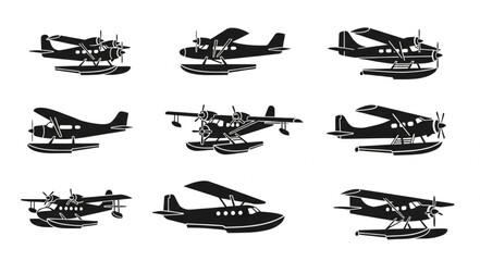 Collection of nine vintage seaplane illustrations on a white background. © Ahmad