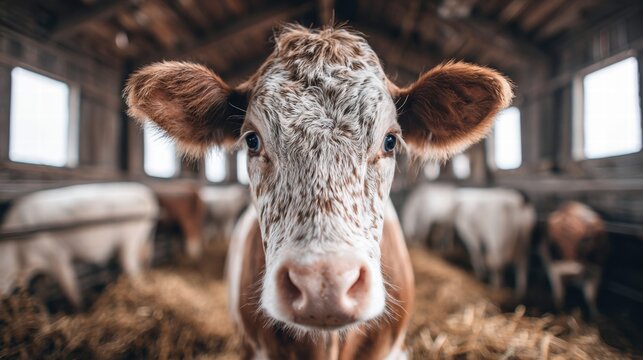 Close-up of a curious cow in a barn