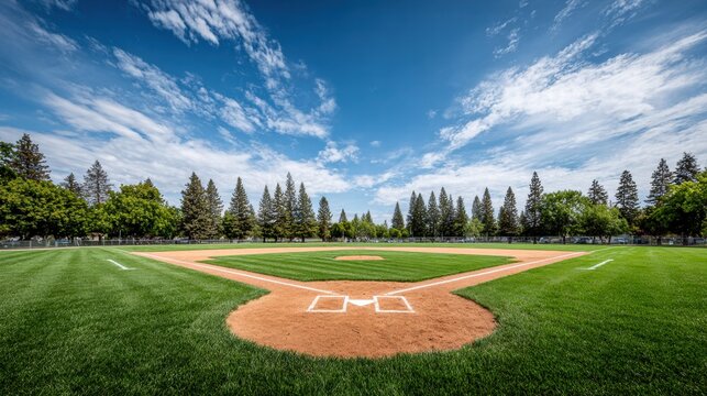 Baseball field under a bright blue sky with fluffy white clouds on a sunny day.