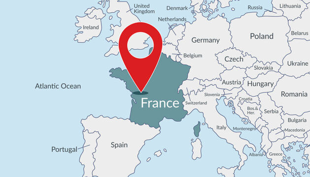France on Europe map with pin location marker2. Vector flat template.	
