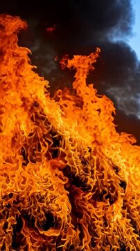Intense Bright Orange Flames Engulfing Dark Smoke in a Fierce Wildfire