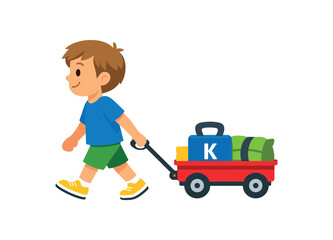 Naklejka premium kid walking while gently pulling weighted wagon behind proprioceptive loading task clean shapes. colored flat icon vector illustration