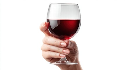 Hand holding a glass of red wine against a white background