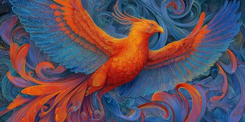 Obraz premium Colorful artistic depiction of a phoenix rising from the flames, showcasing vibrant feathers and intricate swirling patterns in bold shades of orange and blue.