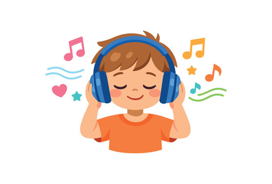 child listening to music with headphones music notes floating calming audio tool clean shapes. colored flat icon vector illustration