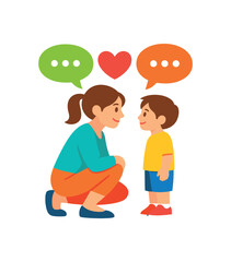 Fototapeta premium mindful parent kneeling to childs level heart and speech bubbles between them conscious listening clean shapes. colored flat icon vector illustration