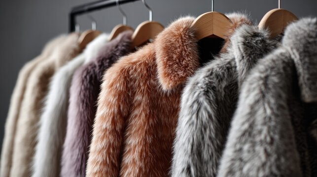 Luxurious fur coats hanging on a rack