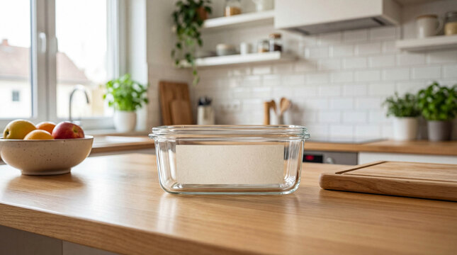 Glass food container mockup with a blank label on a wooden kitchen counter.