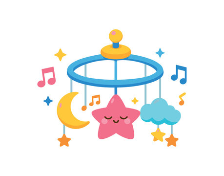 lullaby music mobile above crib with tiny musical notes and stars soothing baby sleep clean shapes. colored flat icon vector illustration