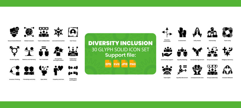 A collection of 30 solid glyph icons related to diversity inclusion.