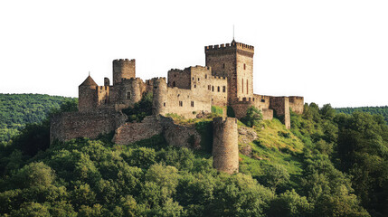 Fototapeta premium Ancient Stone Ruined Castle on a Green Hillside with Forest Below isolated on transparent background