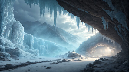 Frozen ice cave with cascading waterfall and glowing blue crystals in mystical winter landscape