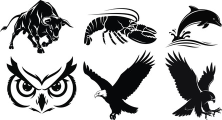 Animal Silhouettes: Bull, Lobster, Dolphin, Owl, Eagle, Hawk Icons