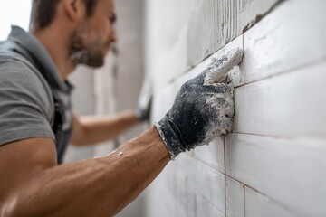 Worker applying plaster on wall during renovation construction work