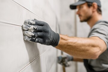 Worker applying plaster on wall during renovation construction work