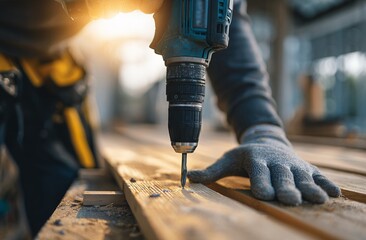 Carpenter using power drill on wooden plank during construction work