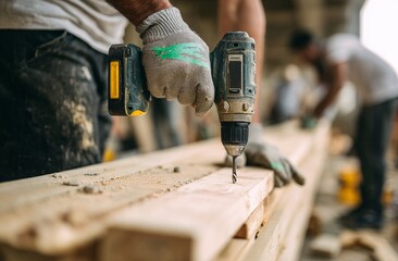Carpenter using power drill on wooden plank during construction work