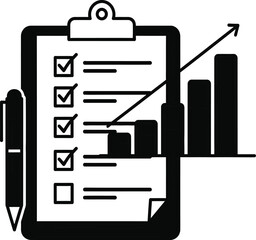 Clipboard with Checklist, Pen and Growth Bar Chart Vector Icon