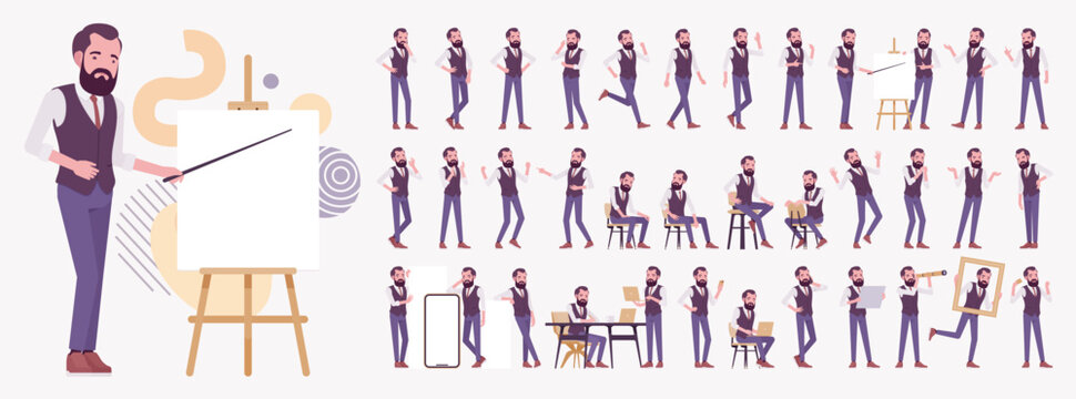 Modern business leader, smart businessman character set, busy office poses bundle. Entrepreneur in high-quality formal attire tailored vest, innovative startup developer, lecturer. Vector illustration