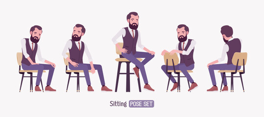 Modern business leader, smart businessman sitting pose set. Entrepreneur in high-quality formal attire tailored vest, innovative startup developer, lecturer. Vector flat style cartoon illustration