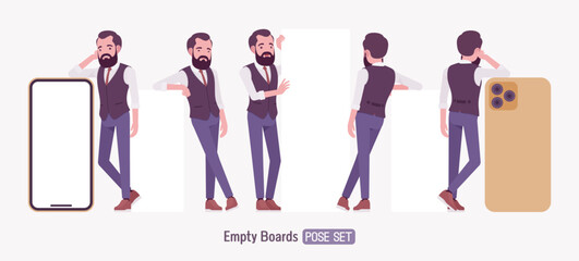 Modern business leader, smart businessman phone lean pose set. Entrepreneur in high-quality formal attire tailored vest, innovative startup developer, lecturer. Vector flat style cartoon illustration
