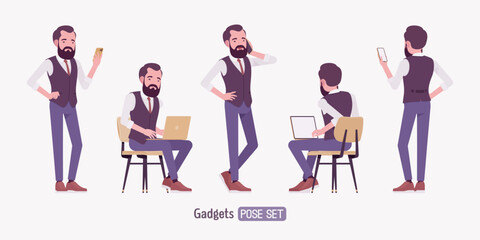 Modern business leader, smart businessman gadget use pose set. Entrepreneur in high-quality formal attire tailored vest, innovative startup developer, lecturer. Vector flat style cartoon illustration
