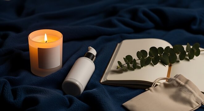 Cozy evening setup with candlelight and essentials on a dark blanket