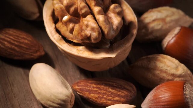 Peeled walnut, almonds, pistachios and hazelnuts rotating on vintage wooden surface. Soft light, macro.

