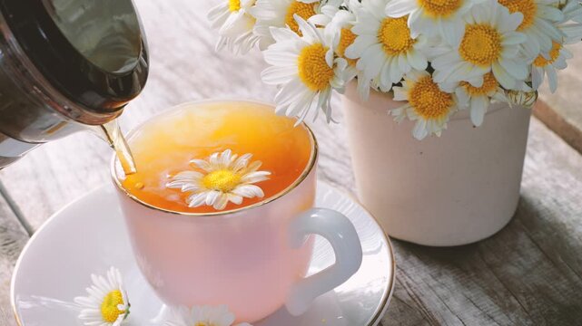 Aesthetic morning tea set with beautiful flowers and natural sunlight background