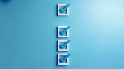 Top view of a four-item checklist with blue checkmarks in white square boxes on a bright blue background, symbolizing completion and productivity.