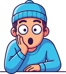 Obraz premium Confused young man in blue winter hat showing shock and disbelief