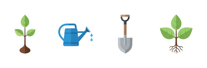 Fototapeta premium Key gardening and plant care symbols representing a seedling, a watering can, a garden spade, and a mature plant with roots, ideal for agricultural and environmental presentations.