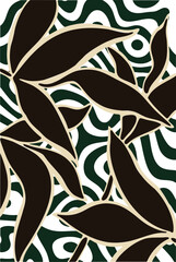 Fototapeta premium Bold abstract botanical art featuring dark tropical leaves on a wavy green psychedelic background. Perfect for modern wall art, fashion prints, or trendy covers