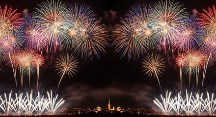 A spectacular symmetrical fireworks display illuminates the dark night sky
