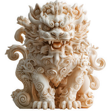 Detailed white stone Foo Dog statue, a guardian lion from Asian mythology. isolated on transparent background