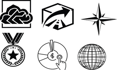 Business Icons: Cloud, Road, Compass, Medal, Finance, Globe - Vector Art