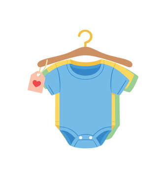 baby bodysuits on hanger with tiny heart tag детская одежда базовый набор clean shapes. colored flat icon vector illustration