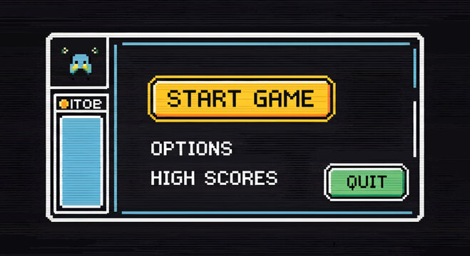 Retro Video Game Menu with Start Options High Scores and Quit.