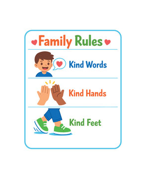family rule card kind words kind hands kind feet simple positive language clean shapes. colored flat icon vector illustration
