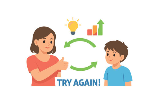 parent offering thumbs sideways icon instead of down chance to try again growth mindset discipline clean shapes. colored flat icon vector illustration