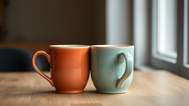schlegel. Two ceramic mugs of different colors interlocked on a wooden table. bar promotions, beverage menus, designed for product packaging and bar promotions, used by logistics managers.