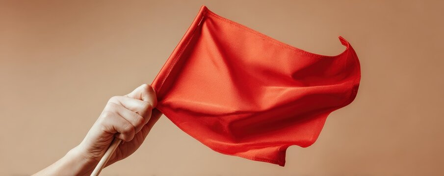 A hand waves a vibrant red flag against a neutral background, symbolizing warning or attention.