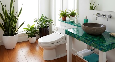 Fototapeta premium Modern Bathroom with Green Countertop and Lush Houseplants.