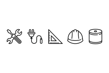 Single line icons for construction tools including wrench electric plug ruler helmet and paint for diy projects
