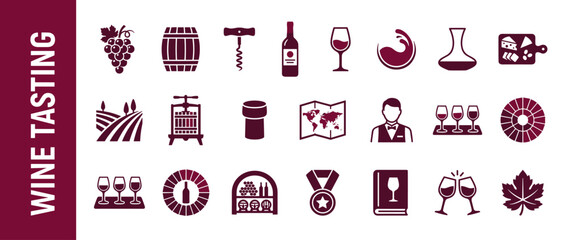 Comprehensive Wine Tasting Icon Set with Grapes, Barrel, Corkscrew, Bottle, Glass, Decanter, Vineyard, Sommelier, Tasting Flight, Wine Cellar, and Cheese Board for Winery and Enology Branding.