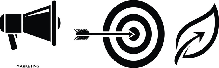 Marketing megaphone, target with arrow, and leaf with arrow icons, symbolizing strategy and growth