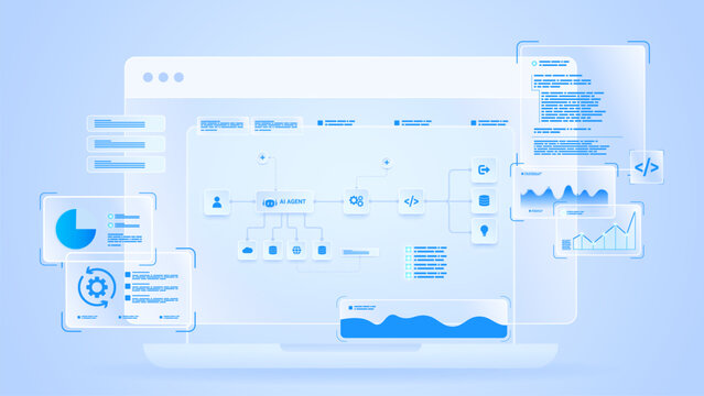 AI workflow automation artificial intelligence. ai agent workflow diagram dashboard machine learning showing node input, processing module, analytics panel and process flow.