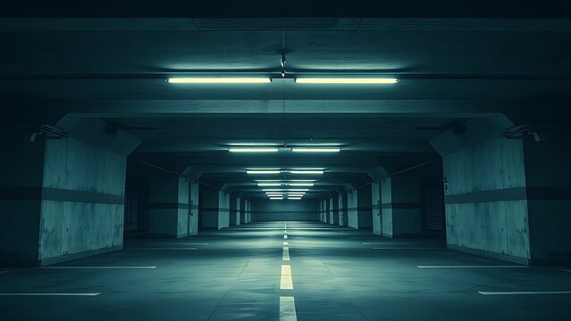 epilogue. An empty underground concrete parking garage with long perspective and harsh fluorescent lighting. real-estate listings.