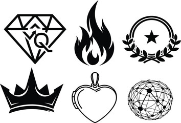 Diamond Gem, Fire Flame, Laurel Wreath, Crown, Heart Locket, Globe Icons