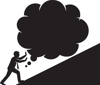 Businessman pushing large thought cloud up a steep hill